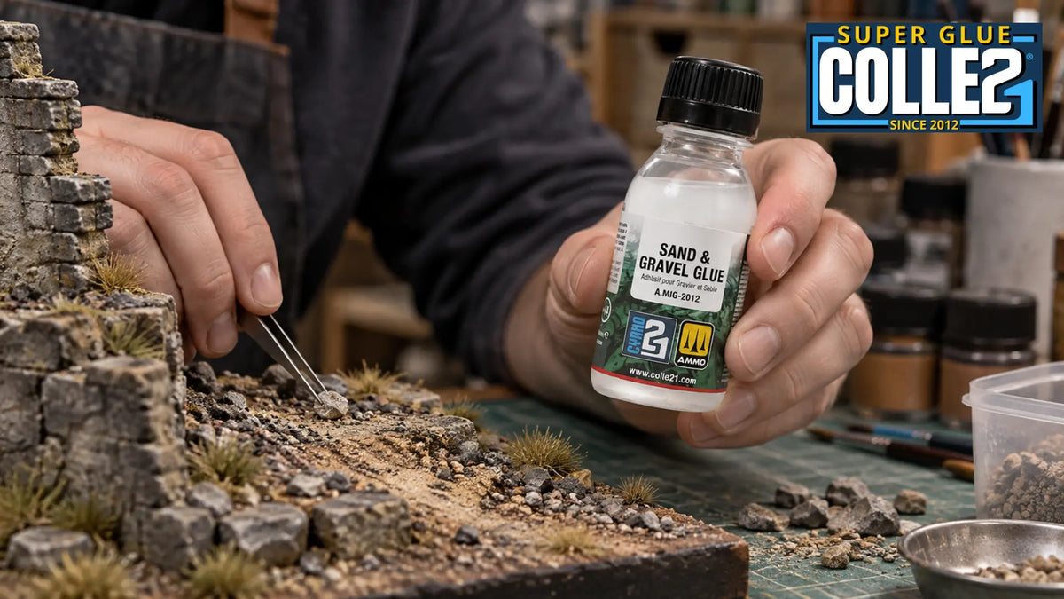 Comment fixer durablement des pierres et gravats sur un décor miniature ?
