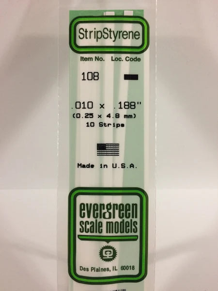 108 - .010" X .188" OPAQUE WHITE POLYSTYRENE STRIP Evergreen