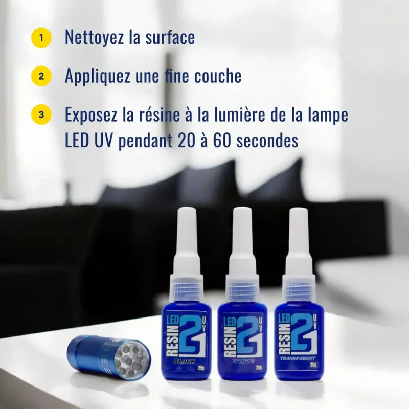 🧪 Kit TRIS Résine UV LED Colle21 avec Support + Lampe – 3 Résines Blanche, Transparente et Noire pour Modélisme, Bricolage et Créations DIY ✨🔆 Super Glue Colle 21