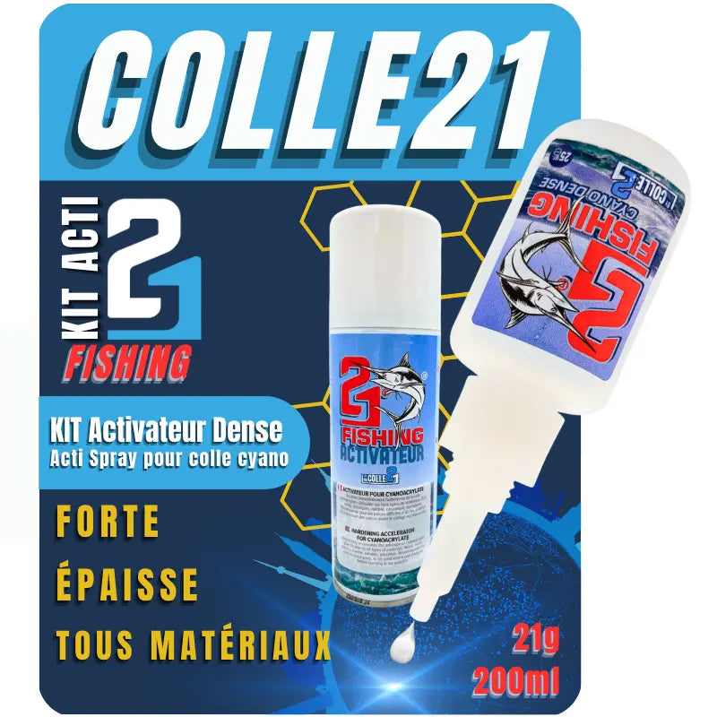 🎣 KIT ACTI FISHING Colle21 – Super Glue Colle21 DENSE FISHING 25g + Activateur Spray FISHING 200ml | Collage Instantané Ultra Résistant pour Montages, Leurres et Réparations en Conditions Extrêmes 💦⚡ Super Glue Colle 21