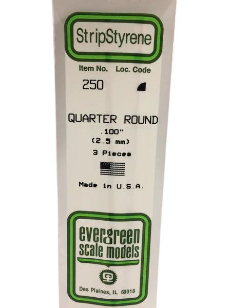 250 - .100" (2.5mm) OPAQUE WHITE POLYSTYRENE QUARTER ROUND Super Glue Colle 21
