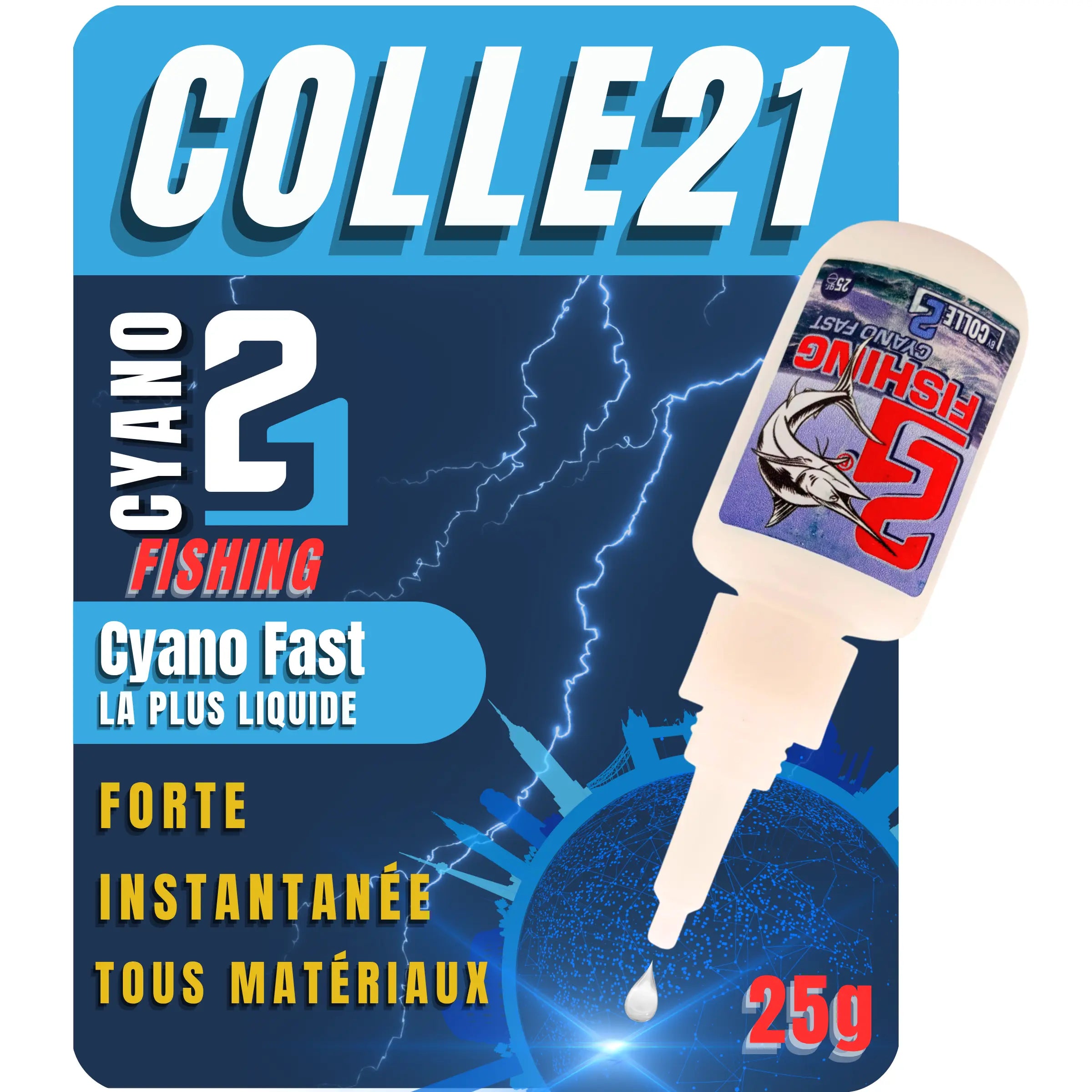🚀 Colle21 FAST FISHING 25g | Super Glue Ultra-Liquide à Prise Instantanée – Colle Extra-Forte Spéciale Pêche pour Lignes, Leurres, Hameçons et Réparations Rapides 🎣 Super Glue Colle 21