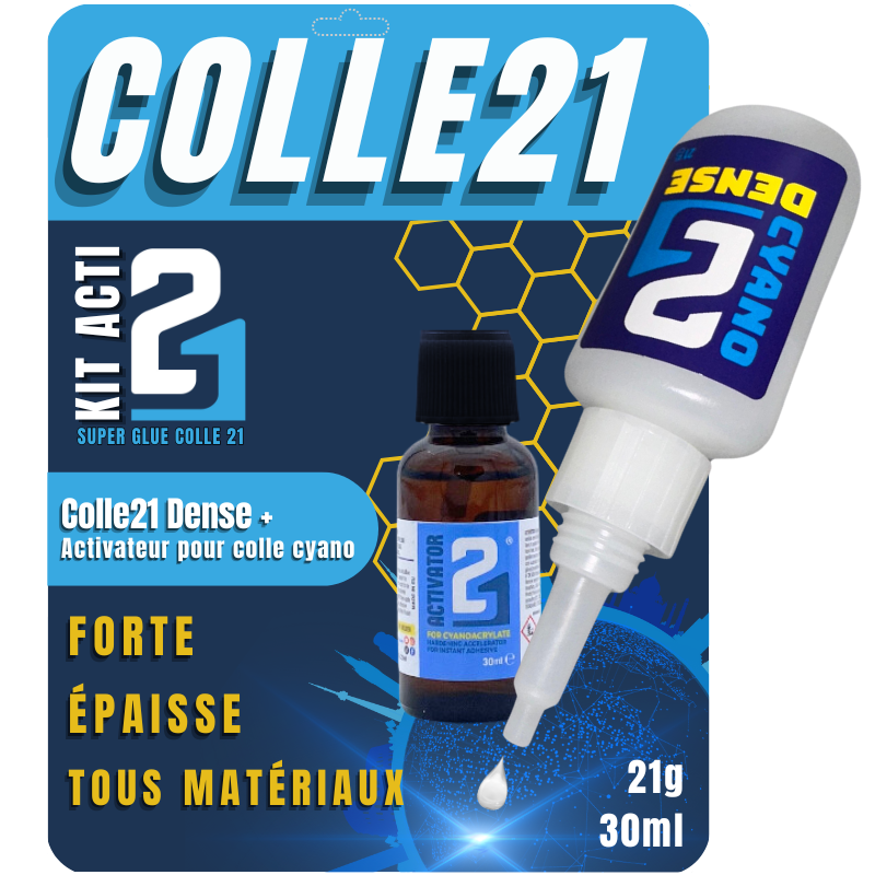 KIT ACTIVATEUR Colle21 Super Glue Colle21 DENSE + ACTIVATEUR LIQUIDE pour cyano 30ml -
Colle Extra-Forte Multi-Usages
Idéale pour le modélisme, le bricolage créatif et les réparations techniques exigeantes.🛠️ Colle 21