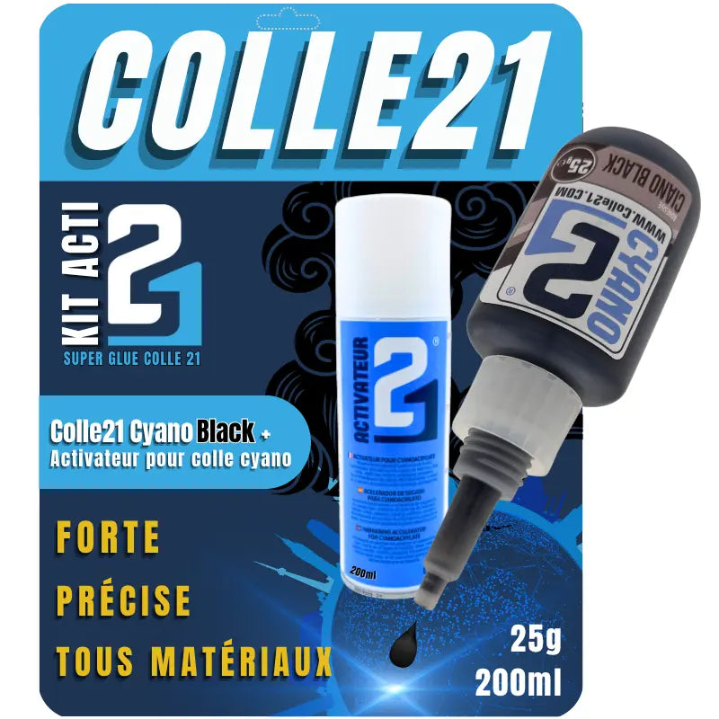 🧪 KIT ACTI BLACK Super Glue Colle21 – Colle Cyanoacrylate Noire + Activateur Spray 200ml –
Colle Extra-Forte Multi-Usages
Idéale pour le modélisme, le bricolage créatif et les réparations techniques exigeantes .🛠️