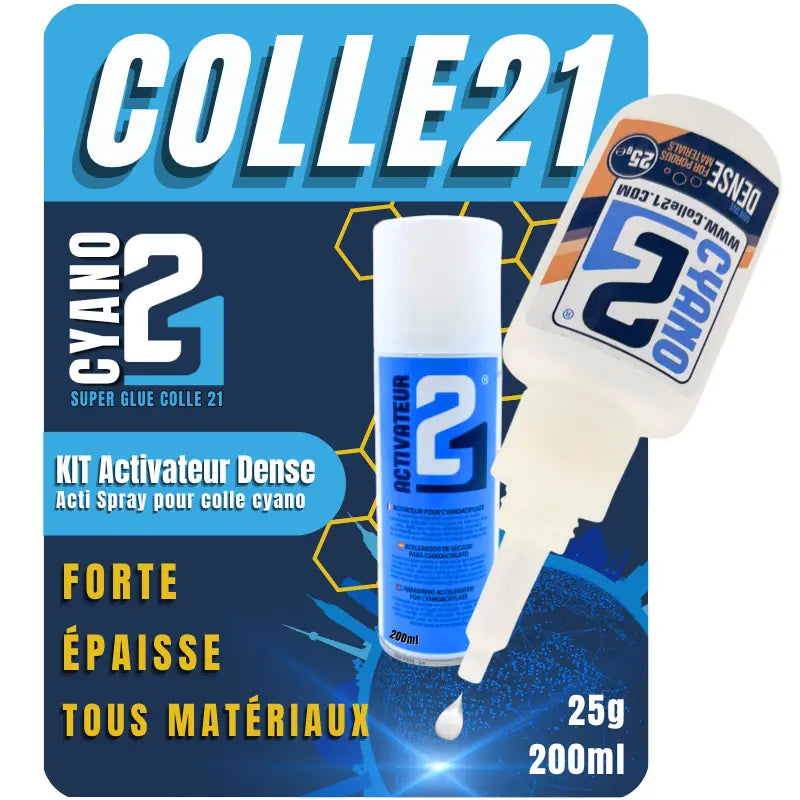 🧪 KIT ACTI DENSE Colle21, Super Glue Colle21 DENSE + Activateur Spray 200ml – Parfaite pour les travaux de modélisme de précision, le bricolage artistique et les réparations techniques à haute exigence. 🛠️ Colle 21