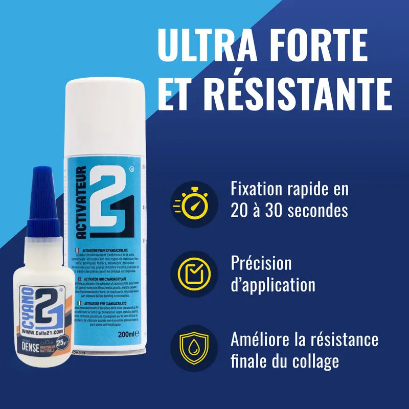 🧪 KIT ACTI DENSE Colle21, Super Glue Colle21 DENSE + Activateur Spray 200ml – Parfaite pour les travaux de modélisme de précision, le bricolage artistique et les réparations techniques à haute exigence. 🛠️ Colle 21