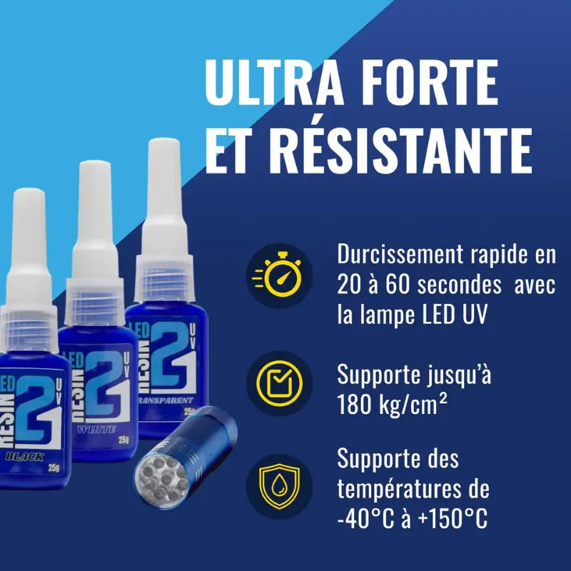 🧪 Kit TRIS Résine UV LED Colle21 avec Support + Lampe – 3 Résines Blanche, Transparente et Noire pour Modélisme, Bricolage et Créations DIY ✨🔆 Super Glue Colle 21