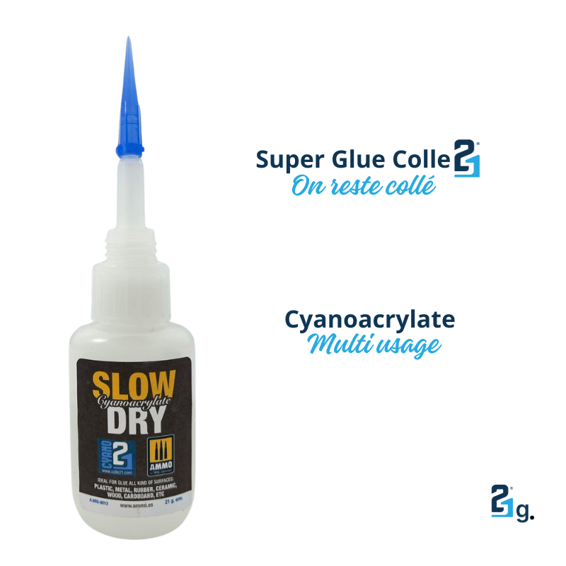Super Glue Colle 21 SLOW DRY 21g.  by Ammo Mig, Colle Extra Forte Cyanoacrylate  - Colle Cyanoacrylate, Colle fort pour modélisme, colle pour bricolage.