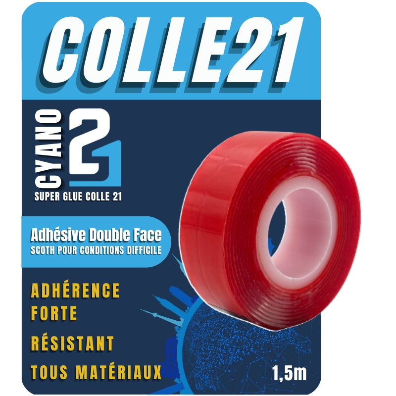 SCOTCH BI ADHESIVE Colle21 professionnel ideal pour Tous Matériaux, double face by Colle 21 - 1,5 m ruban adhésif idéal pour le bricolage, scotch bi Adhésive pour fixation solide, scotch idéal pour intérieur extérieur.