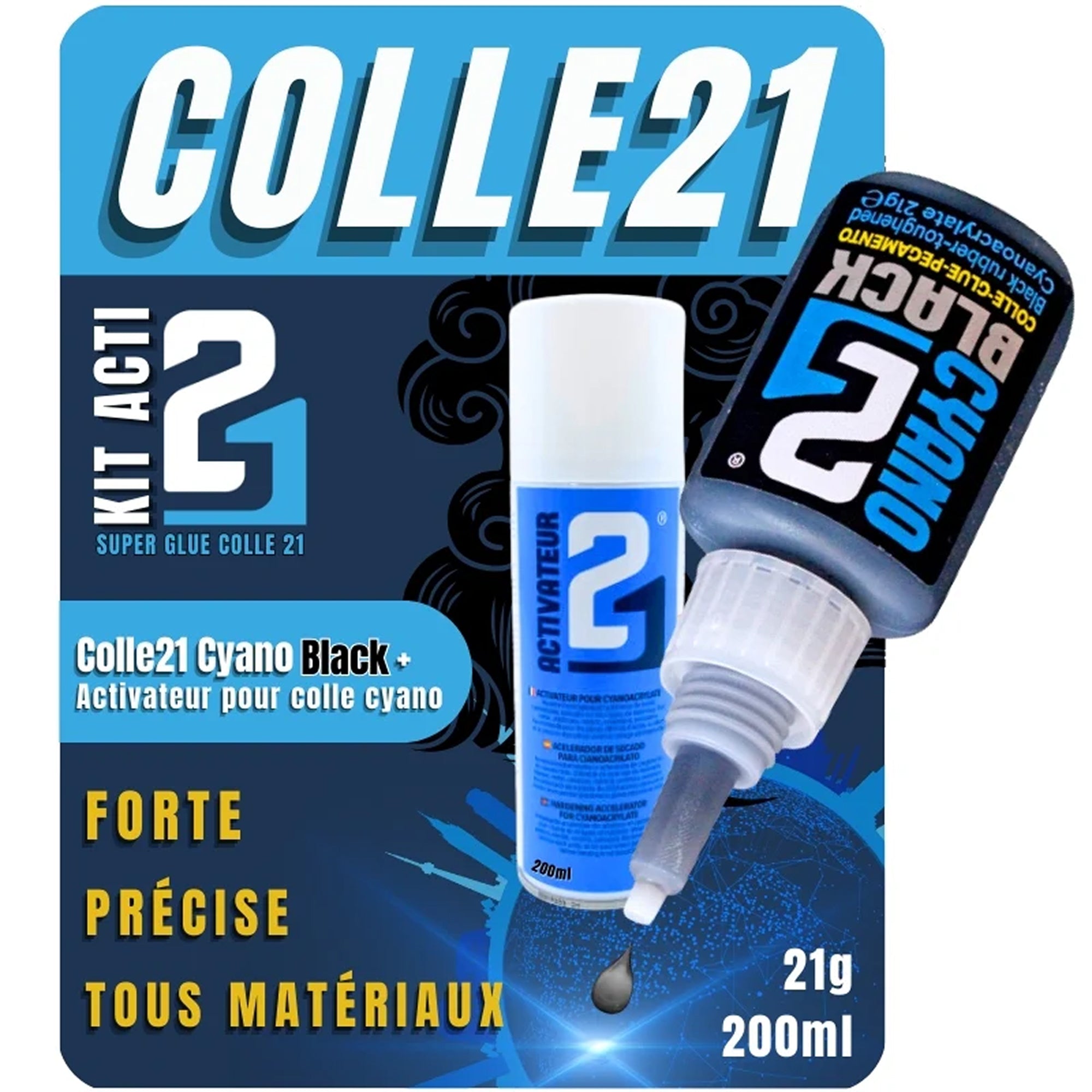 KIT ACTI BLACK Colle21. Colle Cyano Noir Colle21 + spray activator 200ml -Colle pour le Modélisme ,Colle pour le Bricolage ,Colle Cyanoacrylate