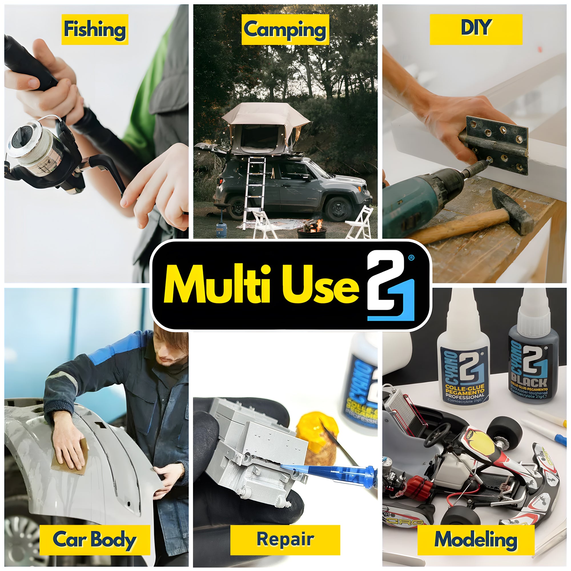 Kit d'incollaggio di Super Colla Ciano Colle 21, Set completo di Colla Ciano, 1 colla ciano, 1 Magicdust, 1Primer per ciano, 1 colla cement per resina e 3 lime abrasive.
 Set completod' incollaggio per modellismo, set completo per bricolage.