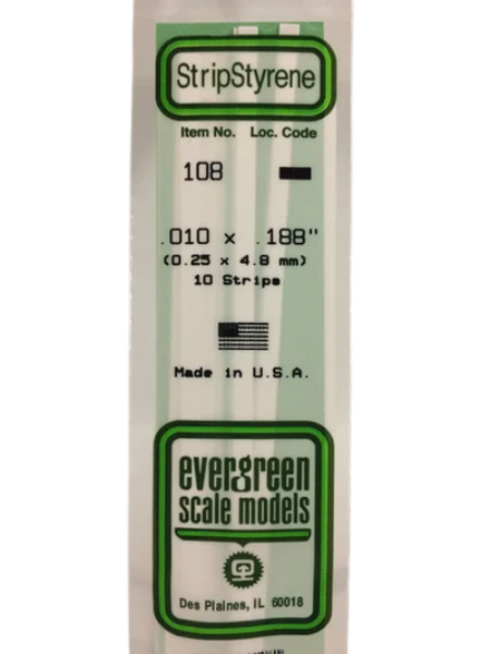 108 - .010" X .188" OPAQUE WHITE POLYSTYRENE STRIP Evergreen