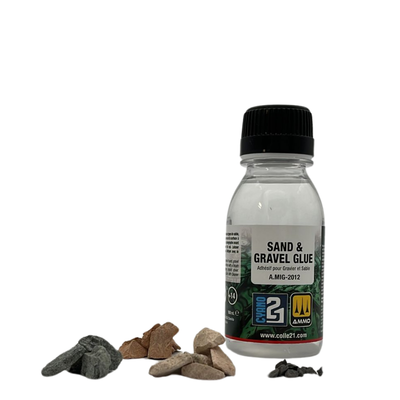 Sand & Gravel Glue Colle 21 by Ammo Mig - colla per capillarità ideale per diorama, colla per modellismo, colla per bricolage, colla professionale, colla per sabbia, colla per ghiaia. .