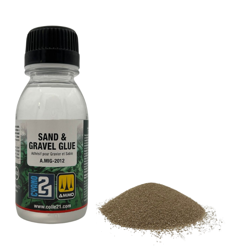 Sand & Gravel Glue Colle 21 by Ammo Mig - colla per capillarità ideale per diorama, colla per modellismo, colla per bricolage, colla professionale, colla per sabbia, colla per ghiaia. .