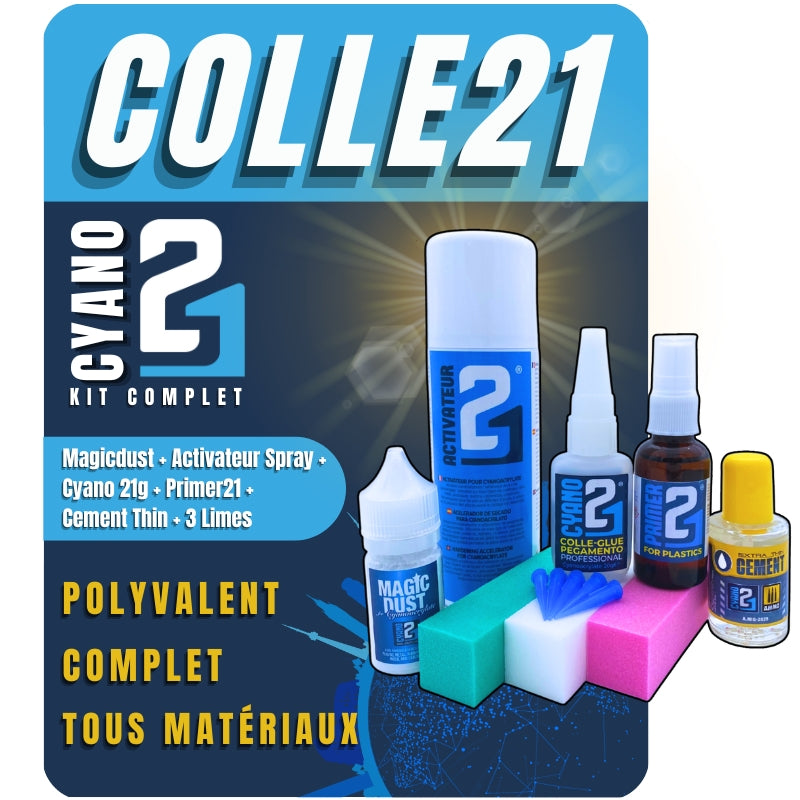 Kit Complet Superglue Colle21 - 1 Colle21 Cyanoacrylate Superglue 21gr - 1 Magicdust21 Putty - 3 Abrasive21 Sanding Sponge - 1 Primer21 fro Colle21 Cyano - 1 Cement by Colle21/AmmoMig - 1 Activator Spray 200ml - Kit for model making, Kit for DIY